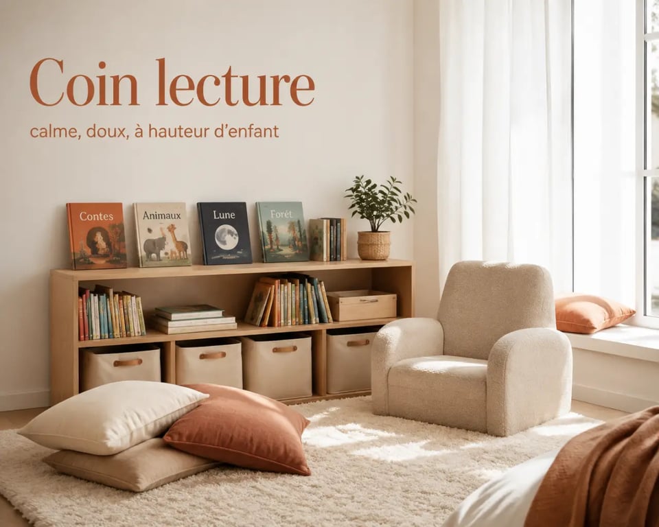 Aménager un coin lecture cocooning pour vos enfants dans une chambre lumineuse avec tapis, coussins et bibliothèque basse