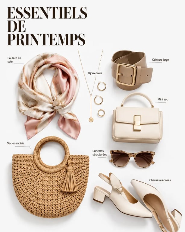Comment renouveler son dressing printanier avec des accessoires tendance : sélection d’accessoires printaniers en composition éditoriale