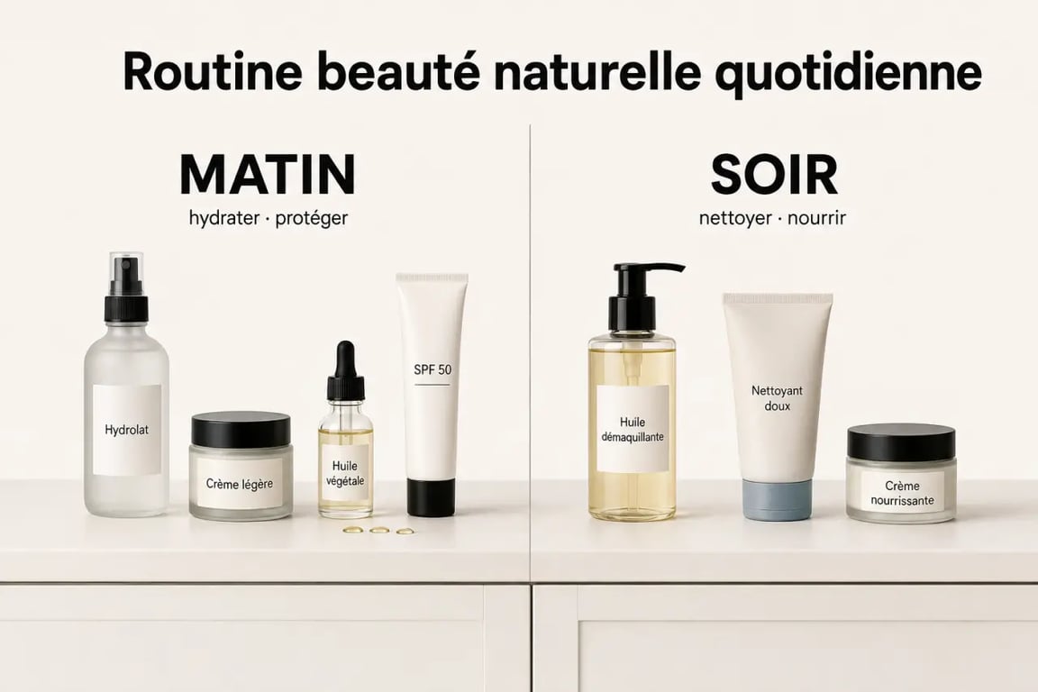 Comment intégrer des soins naturels dans sa routine beauté quotidienne : routine matin et soir avec produits naturels sur un meuble de salle de bain minimaliste