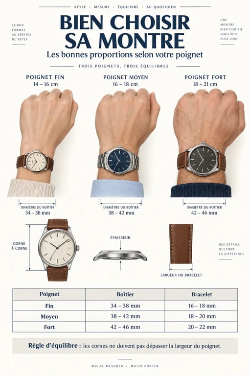Infographie pour comprendre comment choisir une montre élégante pour sublimer votre tenue selon la taille du poignet