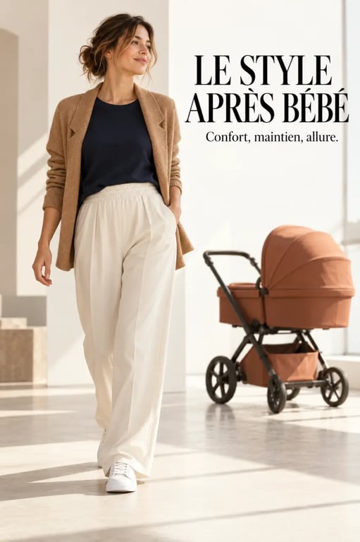 Jeune maman élégante et stylée en tenue post-partum confortable