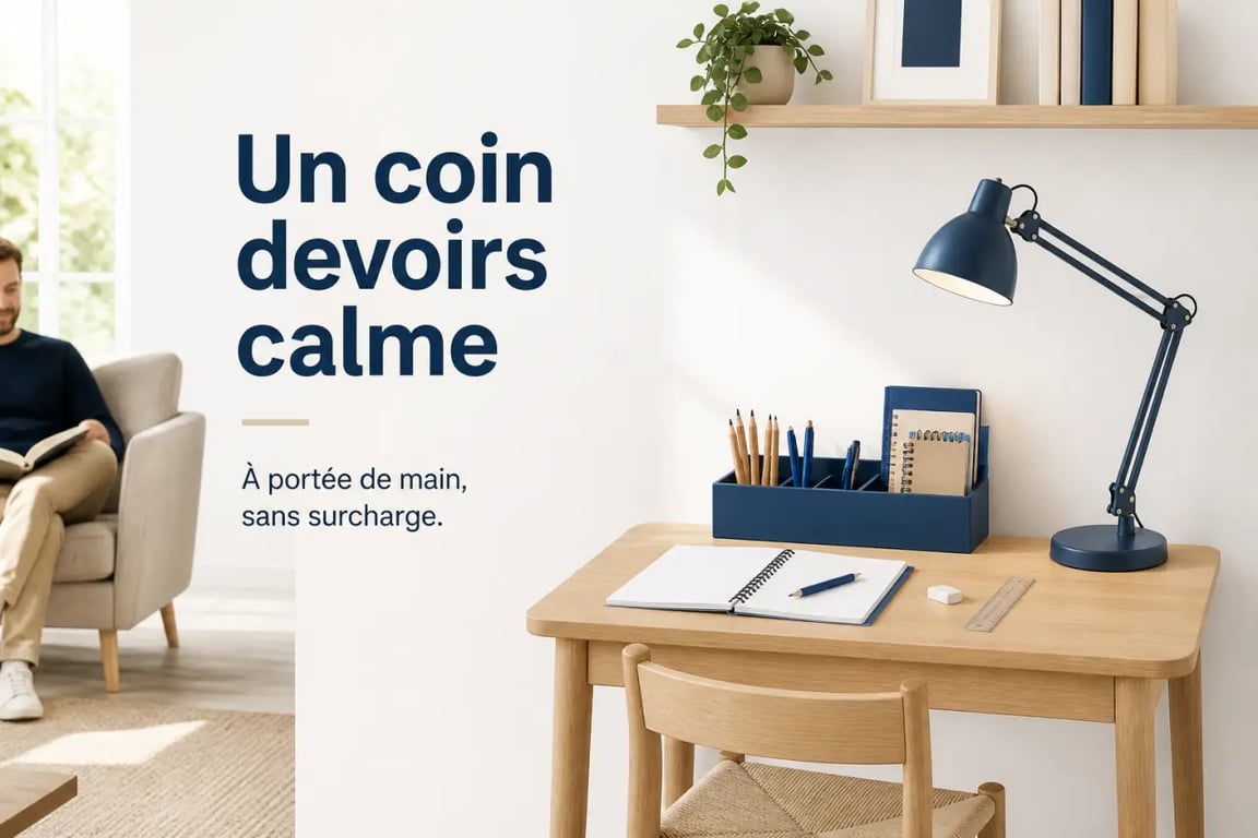 Aménager un coin bureau inspirant pour les devoirs des enfants dans un salon lumineux et organisé