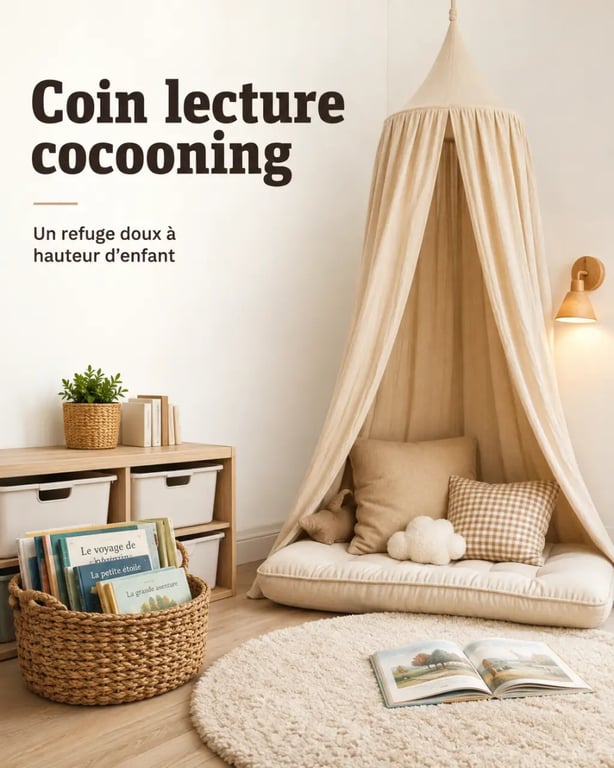 Aménager un coin lecture cocooning pour vos enfants dans un petit espace avec ciel de lit et rangements accessibles