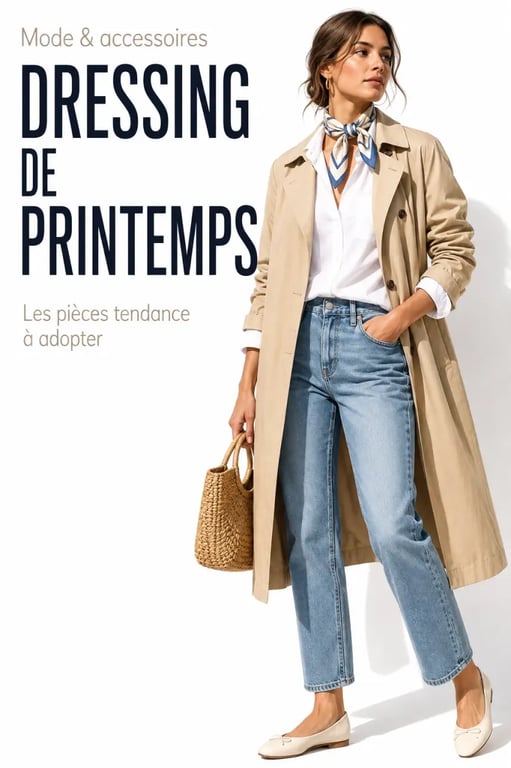 Comment renouveler son dressing printanier avec des accessoires tendance : silhouette de printemps avec sac en raphia, foulard en soie et babies claires